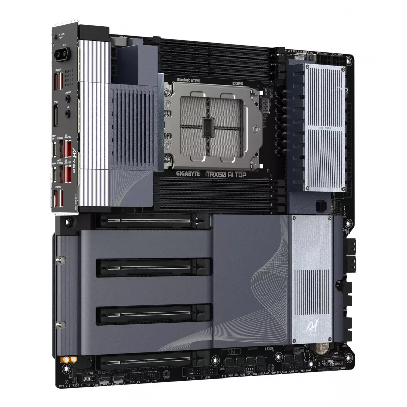 Placa-mãe GIGABYTE TRX50 AI TOP-2B - CPUs AMD Ryzen Threadripper PRO 7000, VRM Digital 16+8+4 Fases, até 5200 MHz DDR5, 4xPCIe 5.0 M.2, Wi-Fi 7, LAN 10 GbE, USB 4