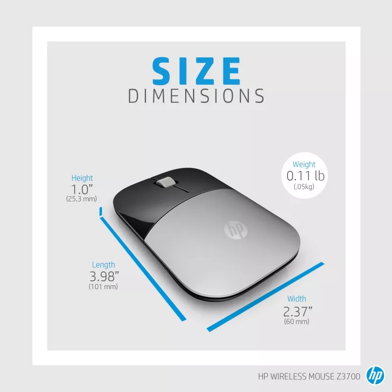 Rato sem fios HP Z3700 azul, ambidestro, ótico, RF Wireless, 1200 DPI, azul