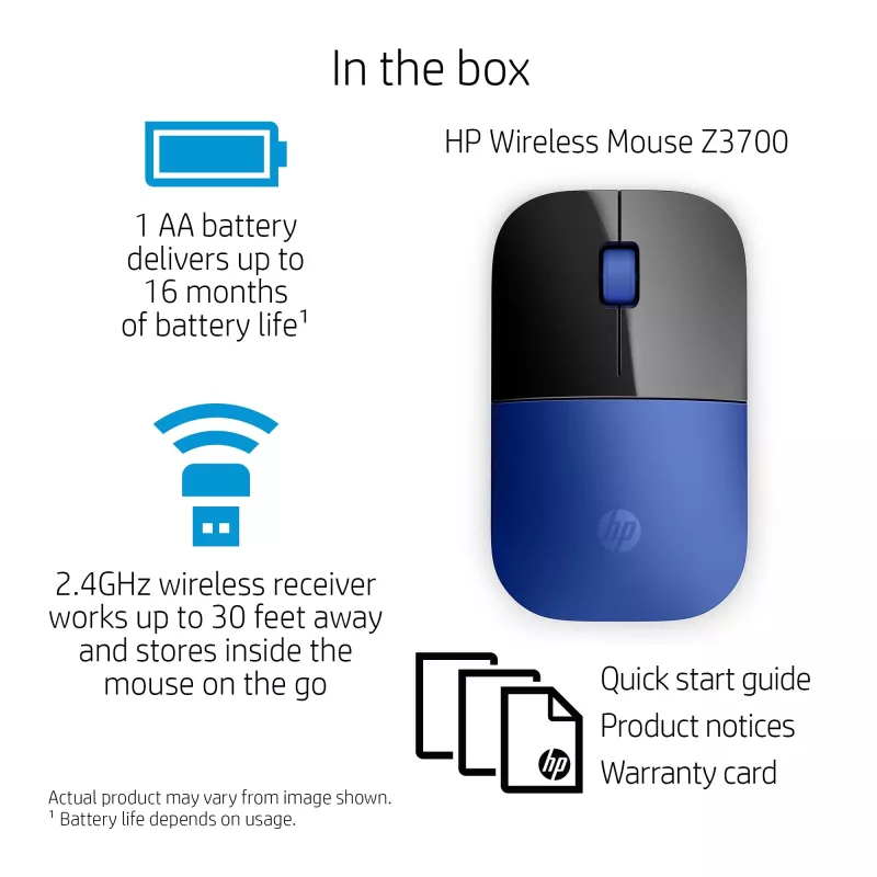 Rato sem fios HP Z3700 azul, ambidestro, ótico, RF Wireless, 1200 DPI, azul