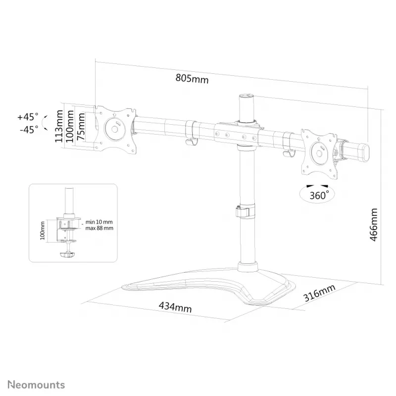 Suporte de monitor Neomounts NM-D335DBLACK 10-27 polegadas, montagem por aperto/em pé/através, 8 kg, 25,4 cm (10 polegadas), 68,6 cm (27 polegadas), 100 x 100 mm, preto