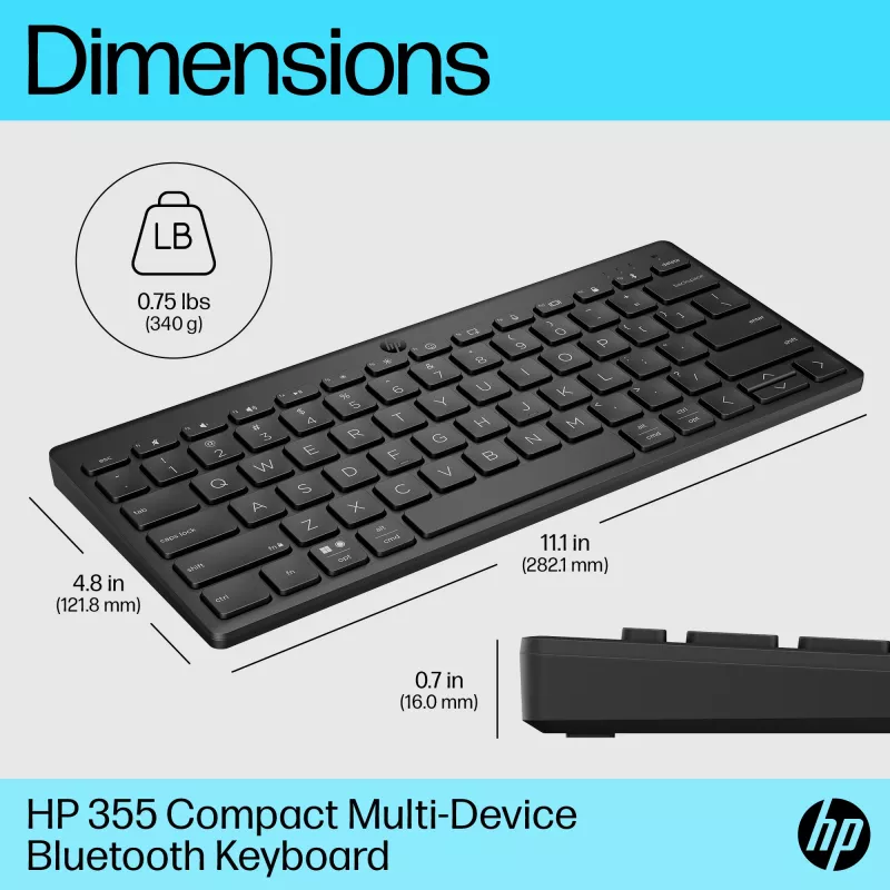 Teclado Bluetooth compacto HP 355 – teclas mecânicas sem fios, preto, 0,34 kg