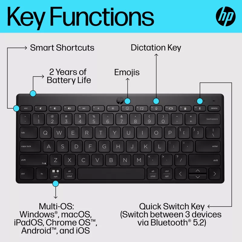 Teclado Bluetooth compacto HP 355 – teclas mecânicas sem fios, preto, 0,34 kg