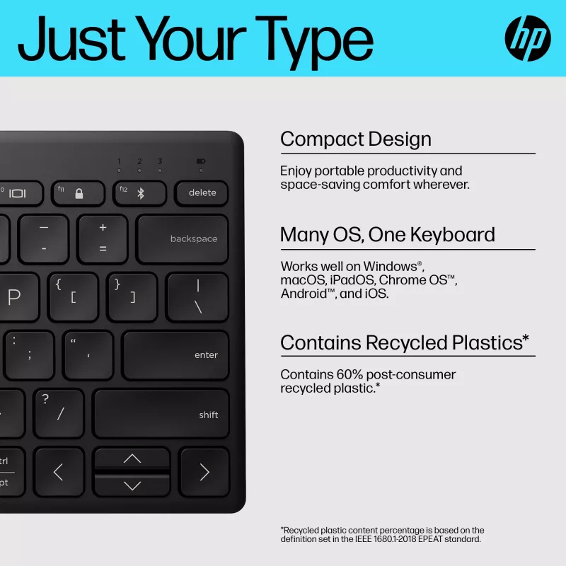Teclado Bluetooth compacto HP 355 – teclas mecânicas sem fios, preto, 0,34 kg