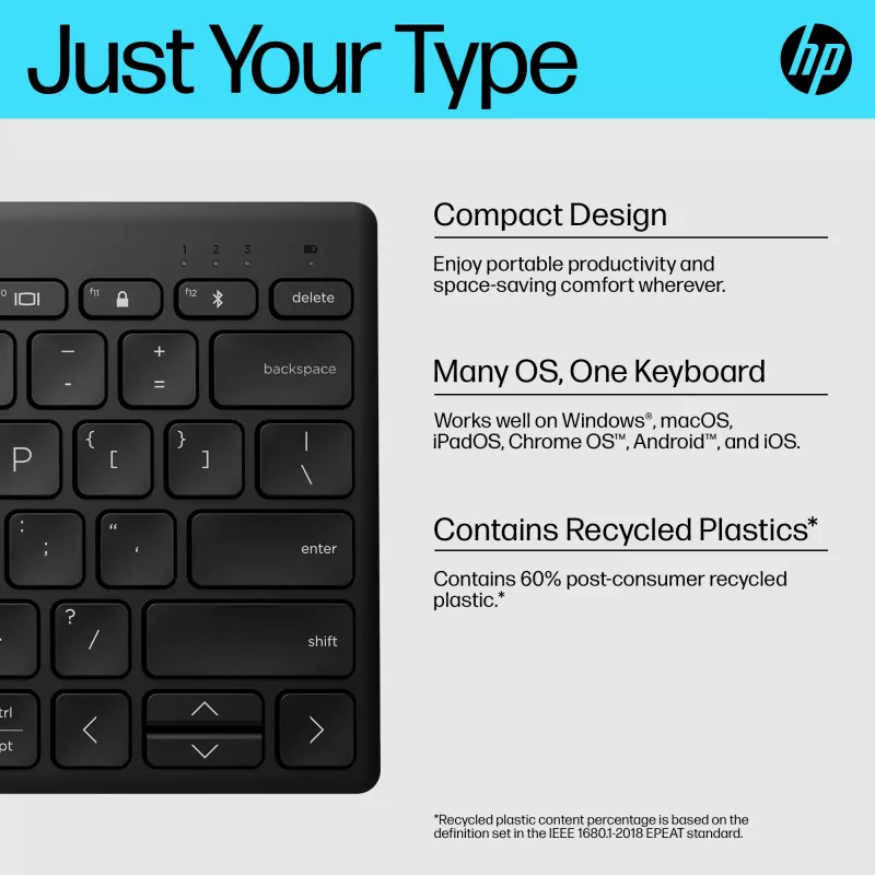 Teclado Bluetooth compacto HP 355 – teclas mecânicas sem fios, preto, 0,34 kg