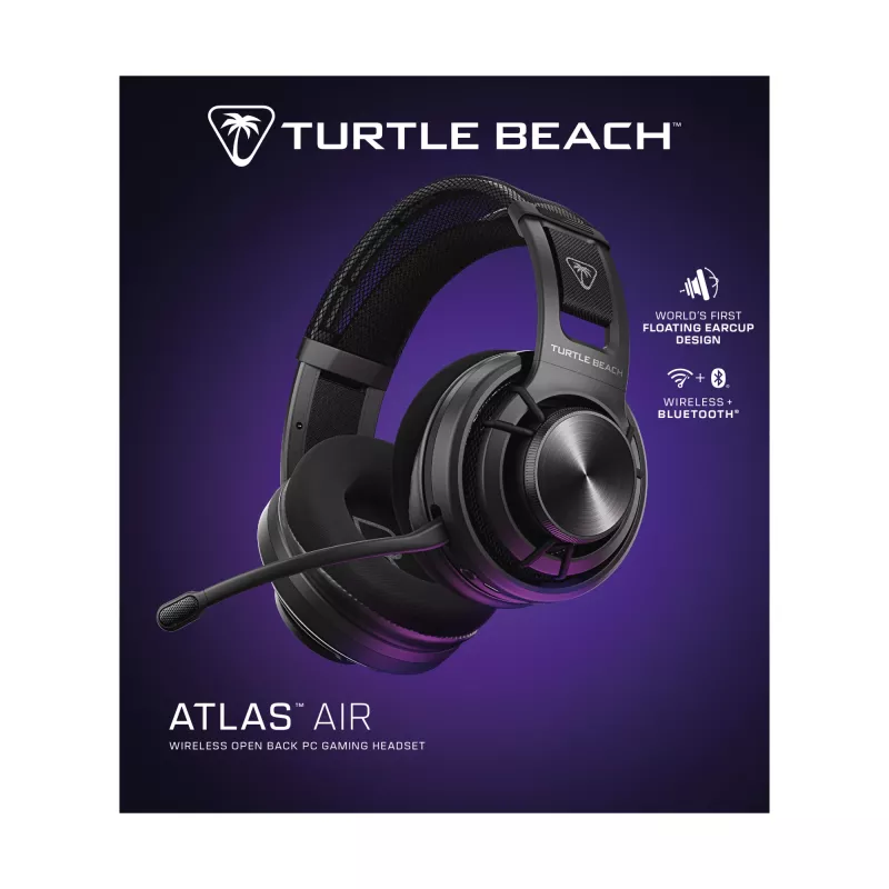 Turtle Beach Atlas Air Headset sem fios open-back para gaming em PC com áudio de alta fidelidade de 24 bits, microfone Broadcast, auricular flutuante, almofadas de espuma com memória e Bluetooth para PC