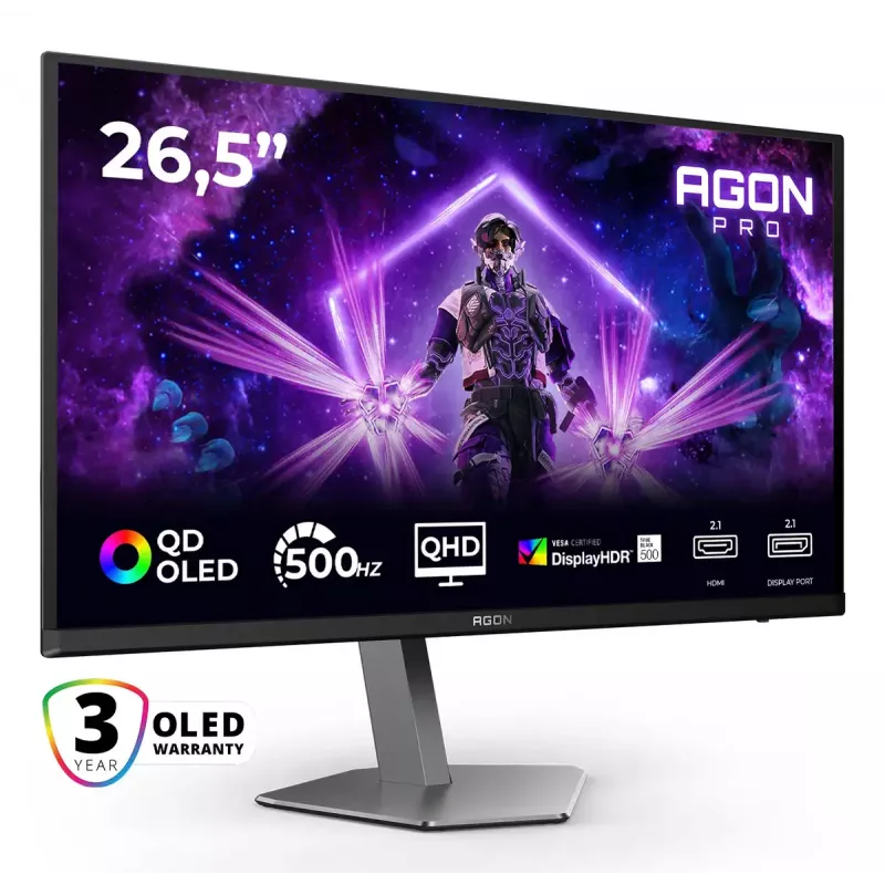 AOC AGON PRO AG276QKD2 Monitor de computador 67,3 cm (26,5 polegadas) 2560 x 1440 píxeis Quad HD QD-OLED Preto, Cinzento