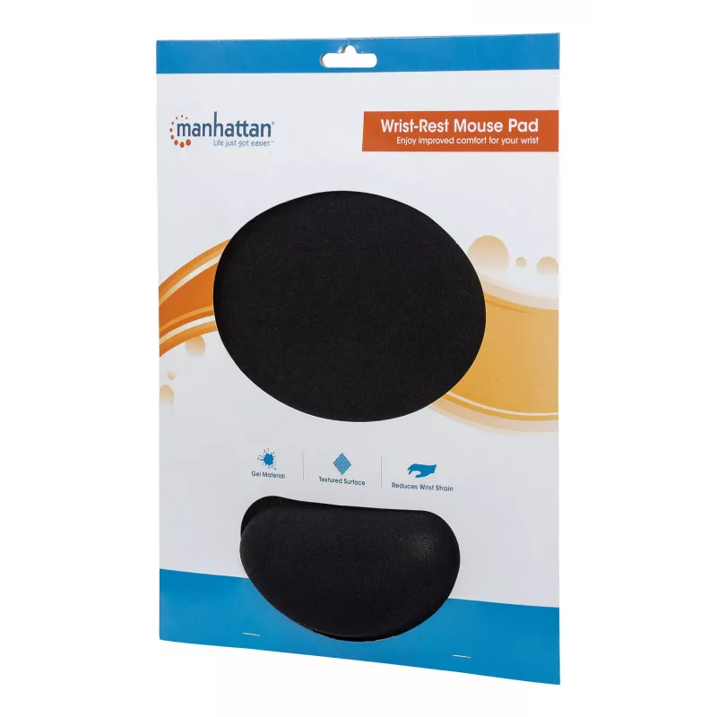 Almofada de gel de apoio de pulso e tapete de rato Manhattan, preto, 241 × 203 × 40 mm, base antiderrapante, garantia vitalícia, embalagem de retalho