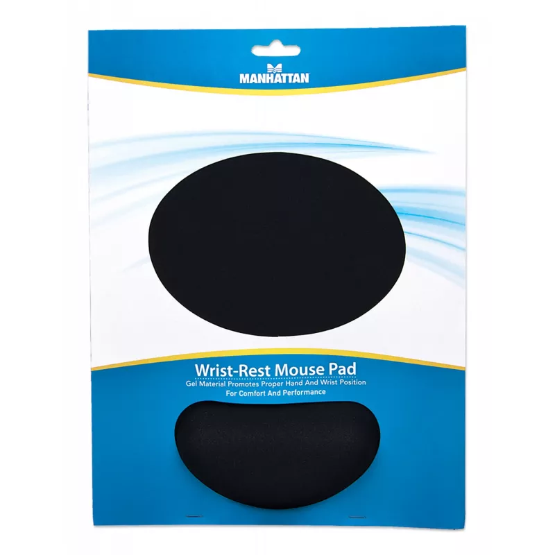 Almofada de gel de apoio de pulso e tapete de rato Manhattan, preto, 241 × 203 × 40 mm, base antiderrapante, garantia vitalícia, embalagem de retalho