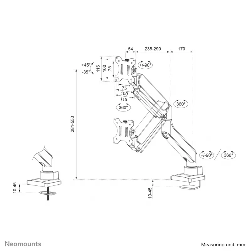 Braço de monitor Neomounts DS70-450BL1 17-42 polegadas - mola a gás - Topfix - bloqueio a 180°
