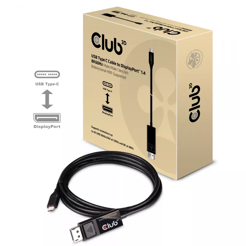 Cabo CLUB3D USB Type-C para DP 1.4 8K60Hz M/M 1,8m/5,9ft