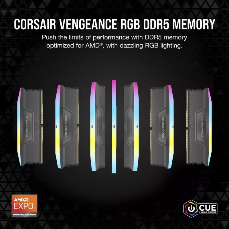 Memória CORSAIR 64GB (2x32GB) DDR5 DRAM 5200MT/s CL40 AMD EXPO & Intel XMP kit de memória Vengeance RGB