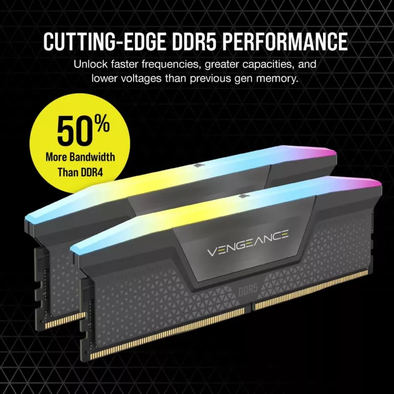 Memória CORSAIR 64GB (2x32GB) DDR5 DRAM 5200MT/s CL40 AMD EXPO & Intel XMP kit de memória Vengeance RGB