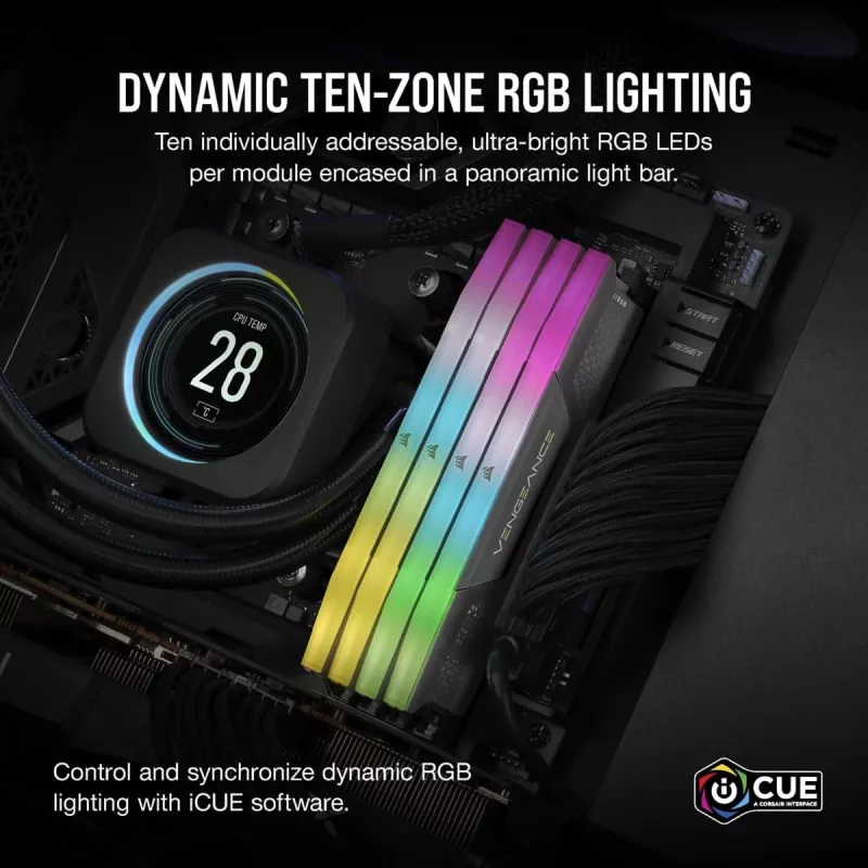 Memória CORSAIR 64GB (2x32GB) DDR5 DRAM 5200MT/s CL40 AMD EXPO & Intel XMP kit de memória Vengeance RGB