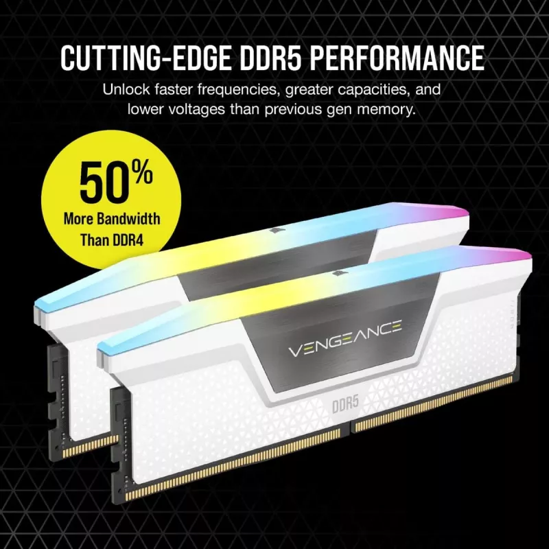 Memória CORSAIR 64 GB DDR5 (2x32 GB) DRAM 5200 MT/s CL40 kit de memória Vengeance RGB branco