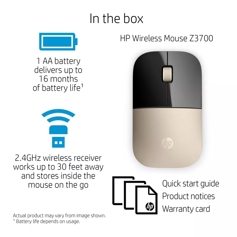 Rato sem fios HP Z3700 Gold, ambidestro, ótico, RF Wireless, 1200 DPI, dourado