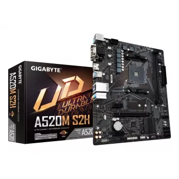 Placa-mãe GIGABYTE A520M S2H - Compatível com CPUs AMD Ryzen 5000 Série AM4, VRM Pure Digital 4+3 fases, até 5100MHz DDR4 (OC), PCIe 3.0 x4 M.2, GbE LAN, USB 3.2 Gen 1