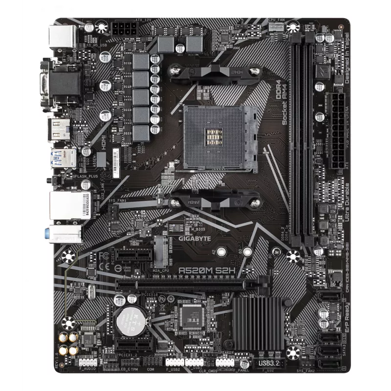 Placa-mãe GIGABYTE A520M S2H - Compatível com CPUs AMD Ryzen 5000 Série AM4, VRM Pure Digital 4+3 fases, até 5100MHz DDR4 (OC), PCIe 3.0 x4 M.2, GbE LAN, USB 3.2 Gen 1