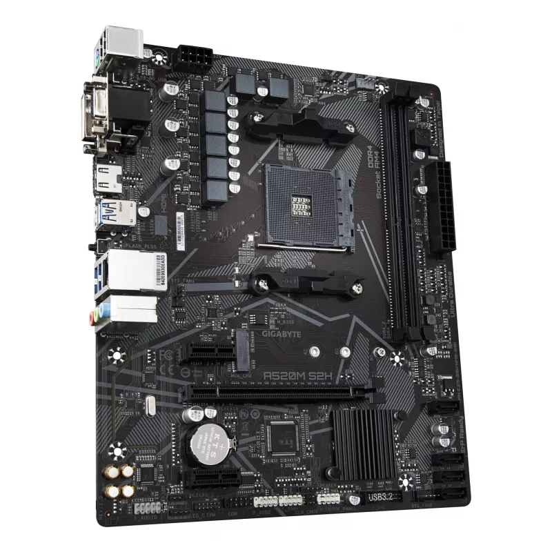 Placa-mãe GIGABYTE A520M S2H - Compatível com CPUs AMD Ryzen 5000 Série AM4, VRM Pure Digital 4+3 fases, até 5100MHz DDR4 (OC), PCIe 3.0 x4 M.2, GbE LAN, USB 3.2 Gen 1