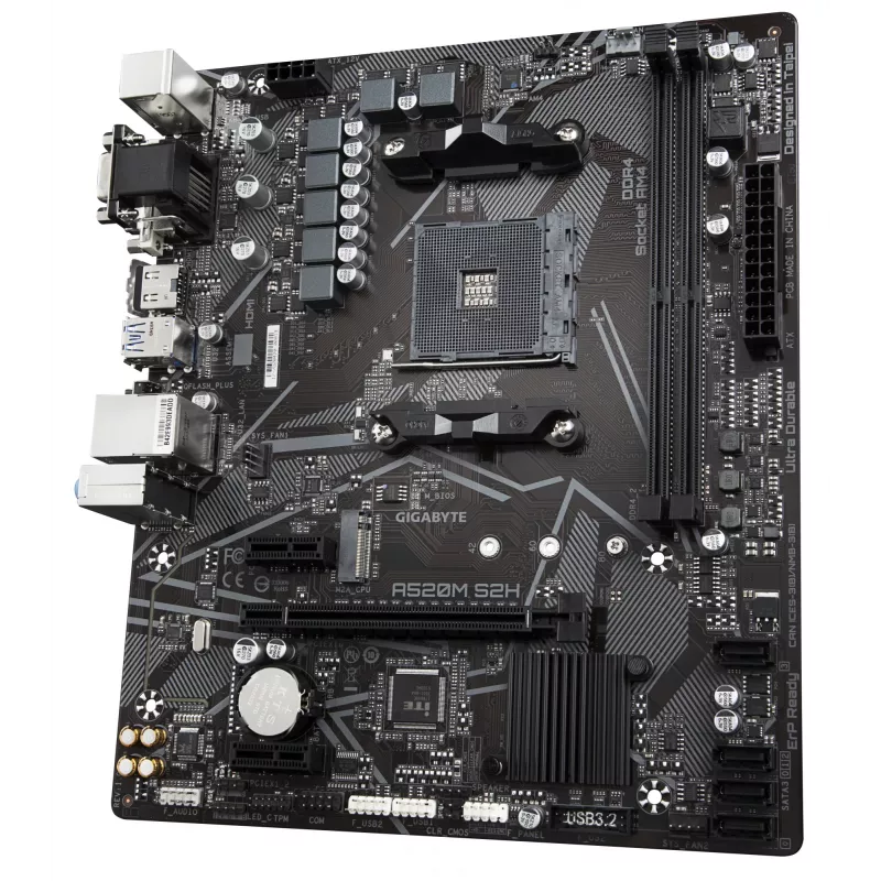 Placa-mãe GIGABYTE A520M S2H - Compatível com CPUs AMD Ryzen 5000 Série AM4, VRM Pure Digital 4+3 fases, até 5100MHz DDR4 (OC), PCIe 3.0 x4 M.2, GbE LAN, USB 3.2 Gen 1