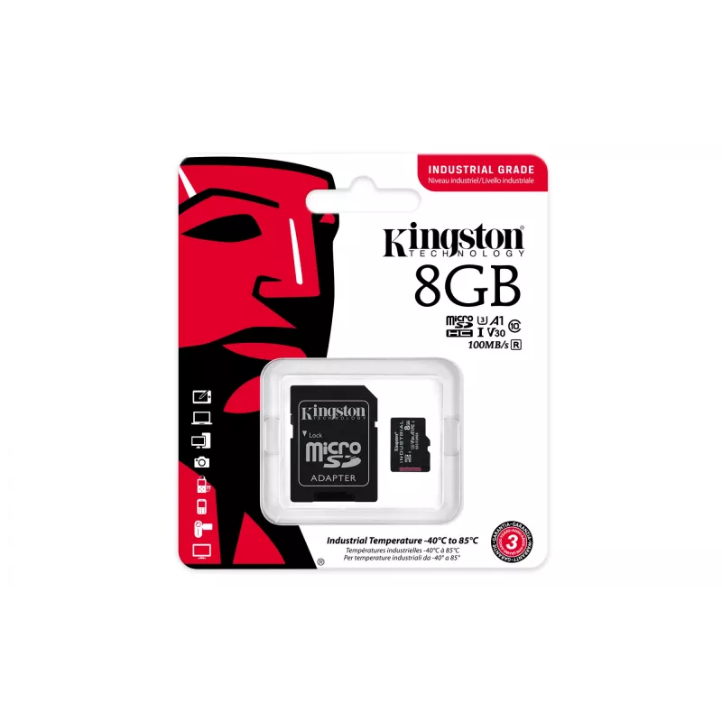 Cartão microSDHC Kingston Technology 8GB Industrial C10 A1 pSLC + adaptador SD