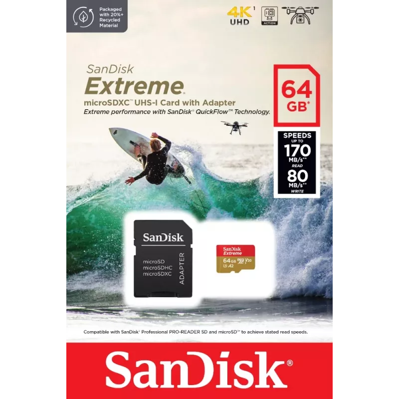 WESTERN DIGITAL Extreme microSDXC 64GB adaptador SD action-cams e drones 170MB/s 80MB/s A2 C10 V30 UHS-I U3