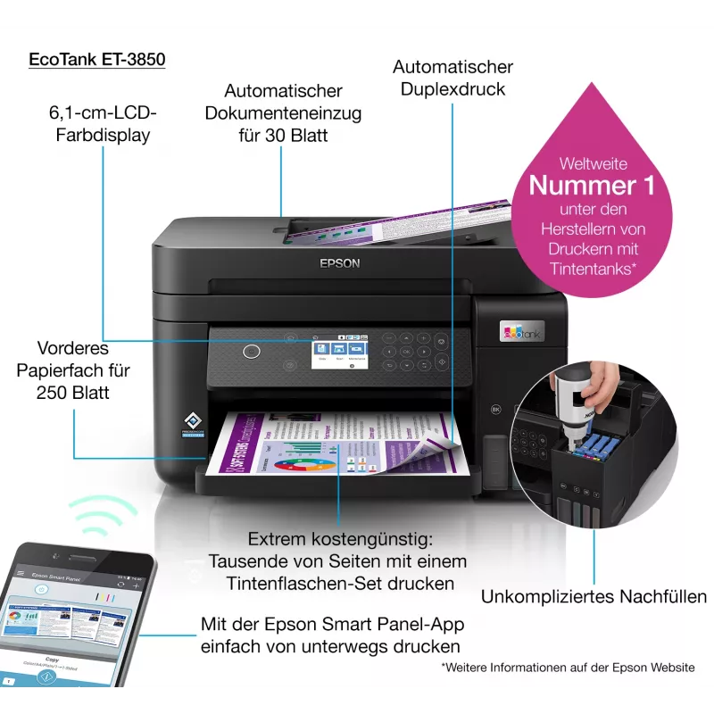 Epson EcoTank ET-3850 Jato de tinta A4 4800 x 1200 DPI 33 ppm Wi-Fi