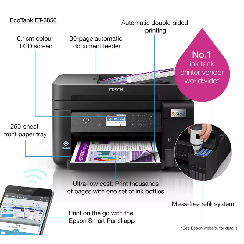 Epson EcoTank ET-3850 Jato de tinta A4 4800 x 1200 DPI 33 ppm Wi-Fi