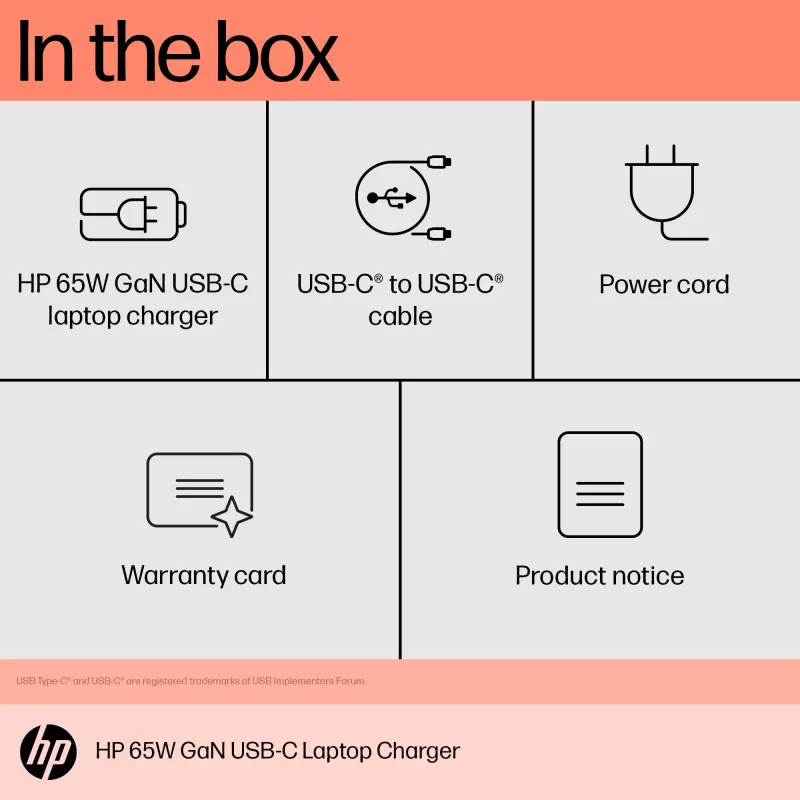 HP 600Q7AA carregador GaN USB-C de 65 W para portátil, 2 × USB-C, 20 V, preto