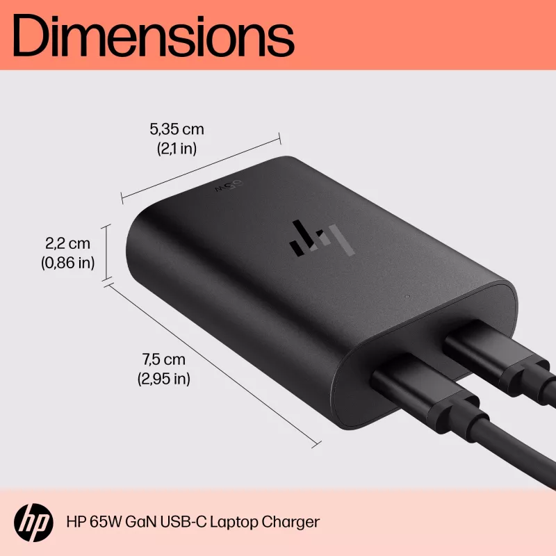HP 600Q7AA carregador GaN USB-C de 65 W para portátil, 2 × USB-C, 20 V, preto