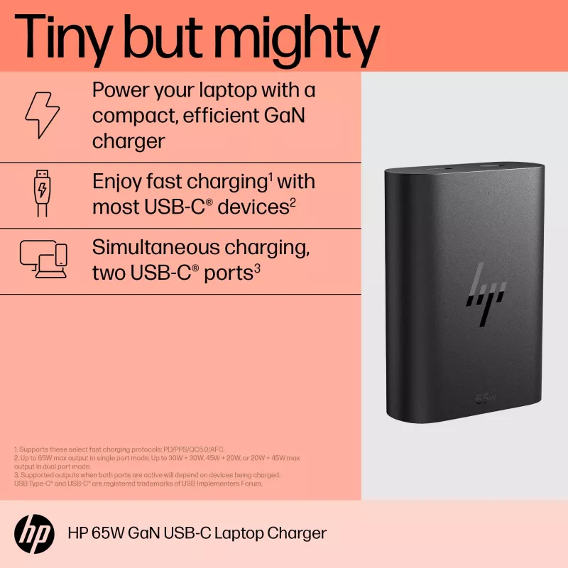 HP 600Q7AA carregador GaN USB-C de 65 W para portátil, 2 × USB-C, 20 V, preto