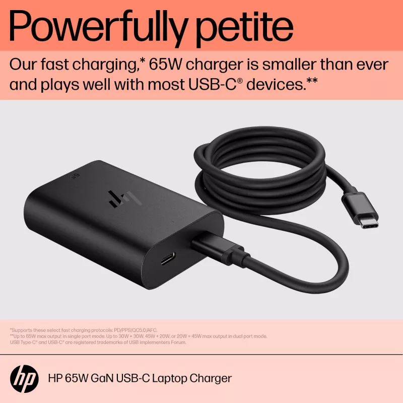 HP 600Q7AA carregador GaN USB-C de 65 W para portátil, 2 × USB-C, 20 V, preto
