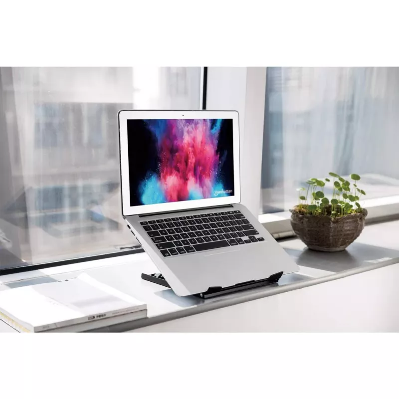 Suporte para portátil e tablet Manhattan, ajustável (5 posições), adequado para todos os tablets e portáteis até 15,6 polegadas, portátil e leve, aço, preto, garantia vitalícia