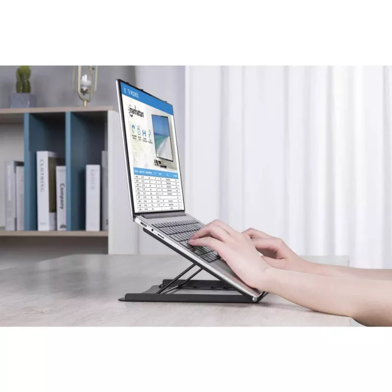 Suporte para portátil e tablet Manhattan, ajustável (5 posições), adequado para todos os tablets e portáteis até 15,6 polegadas, portátil e leve, aço, preto, garantia vitalícia