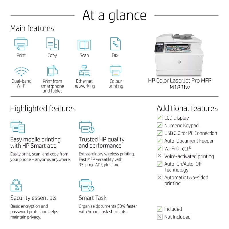 HP Color LaserJet Pro MFP M183fw, Laser, impressão a cores, 600 x 600 DPI, A4, impressão direta, branco