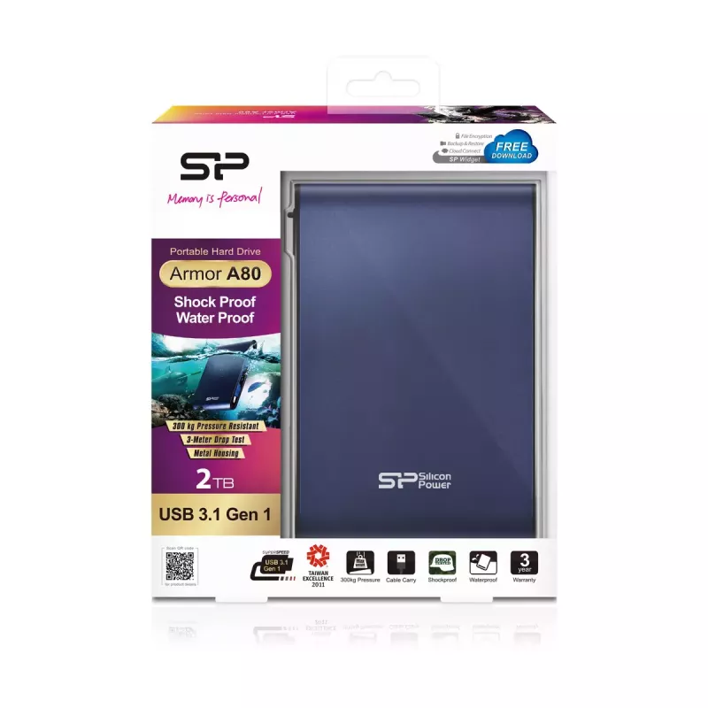Silicon Power Armor A80 disco rígido externo, 2 TB, 2,5 polegadas, USB 3.1 Gen 1, azul