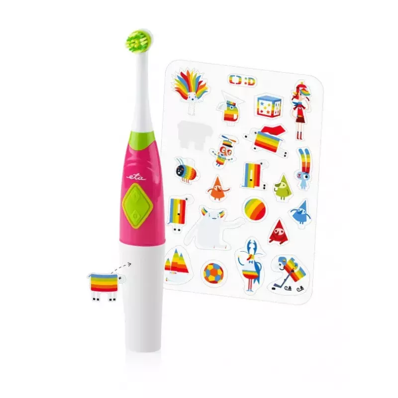 ETA Sonetic ETA129490070 escova de dentes infantil a pilhas com copo e suporte, 2 cabeças, 2x AAA, temporizador de 2 minutos, rosa