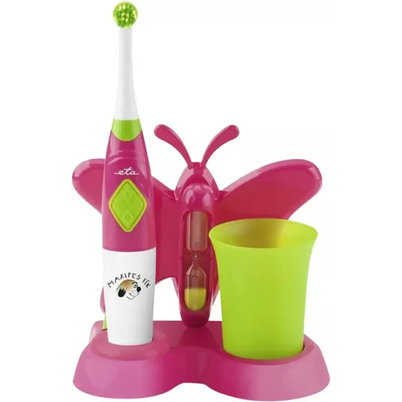 ETA Sonetic ETA129490070 escova de dentes infantil a pilhas com copo e suporte, 2 cabeças, 2x AAA, temporizador de 2 minutos, rosa