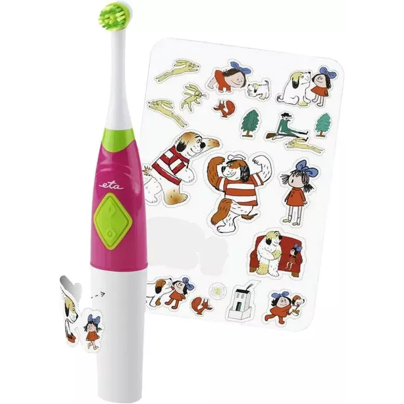 ETA Sonetic ETA129490070 escova de dentes infantil a pilhas com copo e suporte, 2 cabeças, 2x AAA, temporizador de 2 minutos, rosa