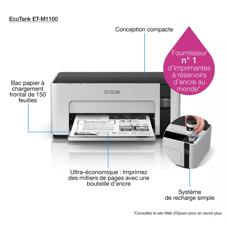 Impressora de jato de tinta Epson EcoTank ET‑M1100 — monocromática, A4, 32 ppm, 1440×720 dpi, depósito de tinta integrado, USB 2.0, cinzento/preto