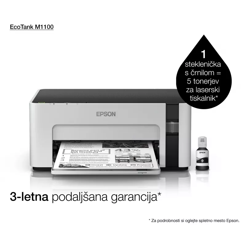 Impressora de jato de tinta Epson EcoTank ET‑M1100 — monocromática, A4, 32 ppm, 1440×720 dpi, depósito de tinta integrado, USB 2.0, cinzento/preto