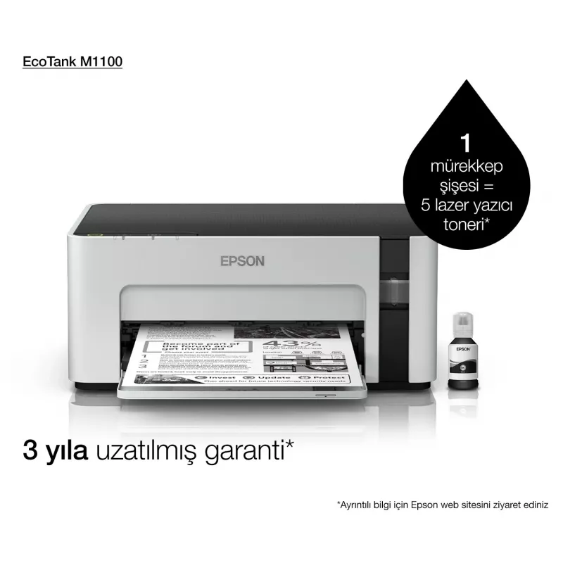 Impressora de jato de tinta Epson EcoTank ET‑M1100 — monocromática, A4, 32 ppm, 1440×720 dpi, depósito de tinta integrado, USB 2.0, cinzento/preto