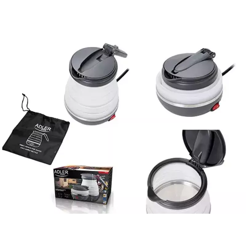 Chaleira elétrica Adler AD 1279 — 0,6 L, 750 W, caixa de plástico, controlo por botões, luz indicadora