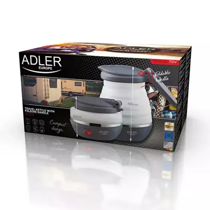 Chaleira elétrica Adler AD 1279 — 0,6 L, 750 W, caixa de plástico, controlo por botões, luz indicadora