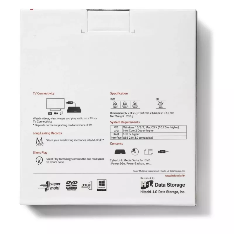 HITACHI-LG DATA STORAGE Unidade de DVD portátil fina - Gp60nw60 - USB 2.0 - Branco