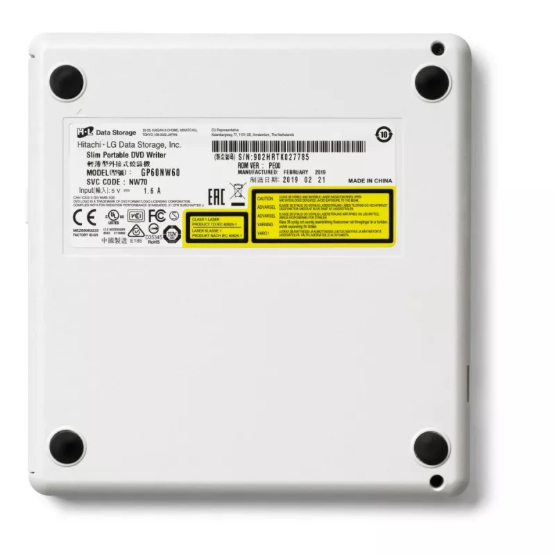HITACHI-LG DATA STORAGE Unidade de DVD portátil fina - Gp60nw60 - USB 2.0 - Branco