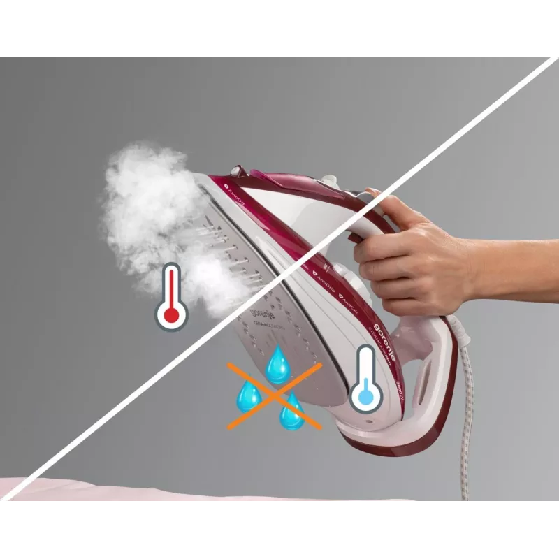 Gorenje SIH3000RBC ferro de engomar a vapor, 3000 W, base cerâmica, depósito de água de 350 ml, vapor 40 g/min, 1,6 kg, vermelho/branco