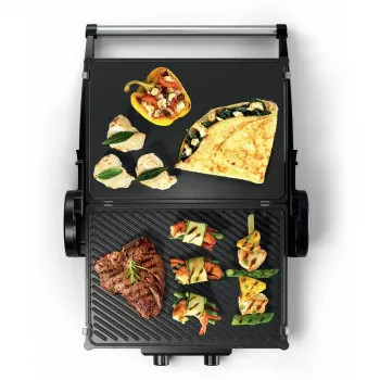 Grelhador de contacto Bosch TCG4104 — 2000 W, retangular, termostato regulável, superfície de grelhar 328×238 mm, vermelho