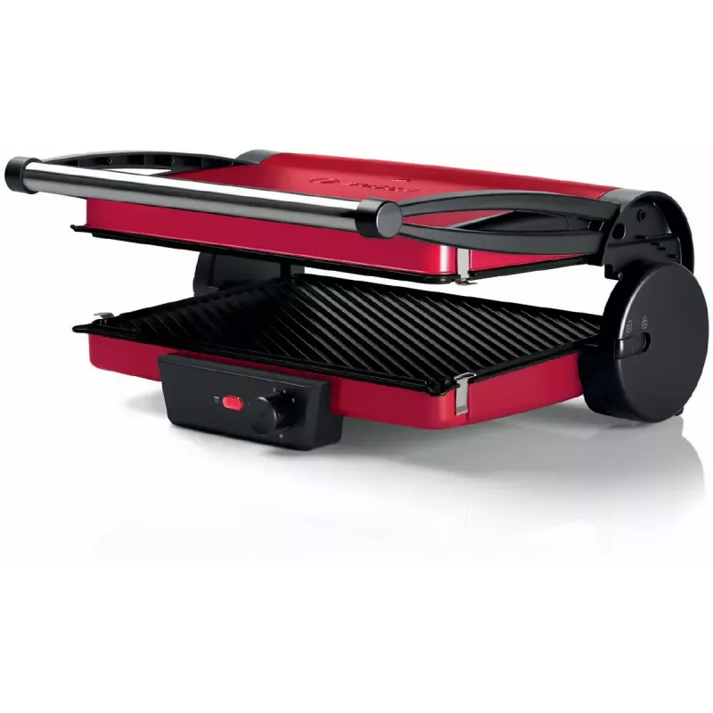 Grelhador de contacto Bosch TCG4104 — 2000 W, retangular, termostato regulável, superfície de grelhar 328×238 mm, vermelho