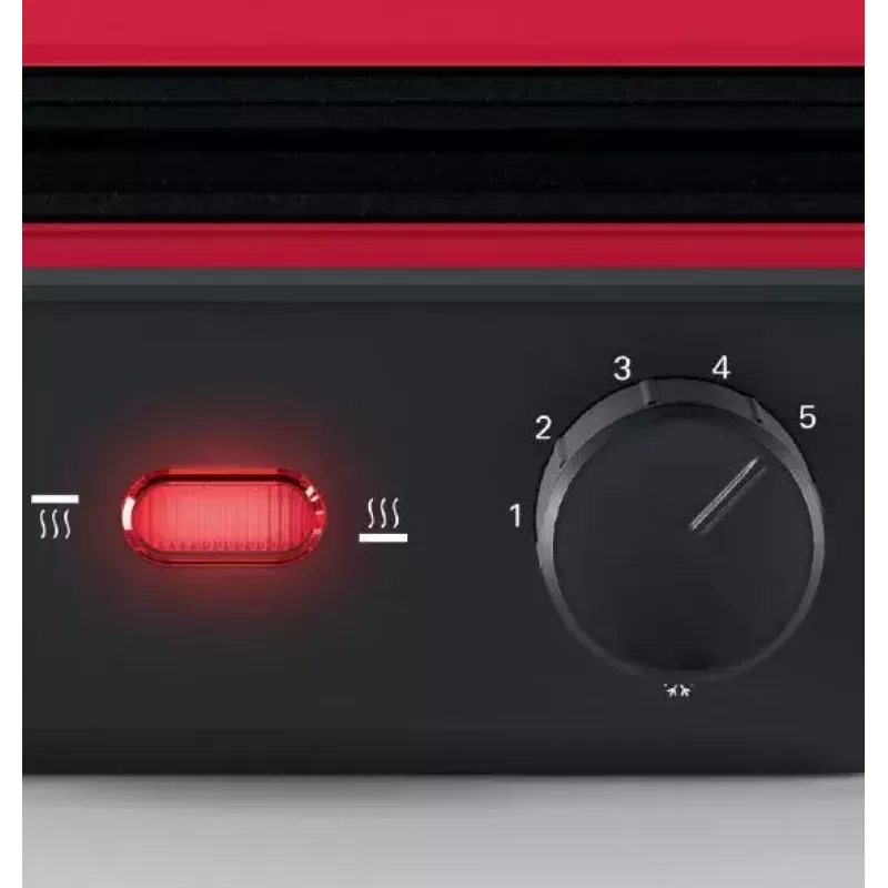 Grelhador de contacto Bosch TCG4104 — 2000 W, retangular, termostato regulável, superfície de grelhar 328×238 mm, vermelho