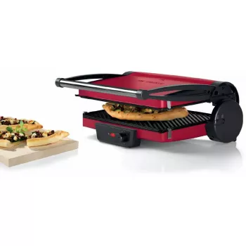 Grelhador de contacto Bosch TCG4104 — 2000 W, retangular, termostato regulável, superfície de grelhar 328×238 mm, vermelho